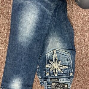 Miss Me Blue Straight Leg Jeans with Ornate Cross Design